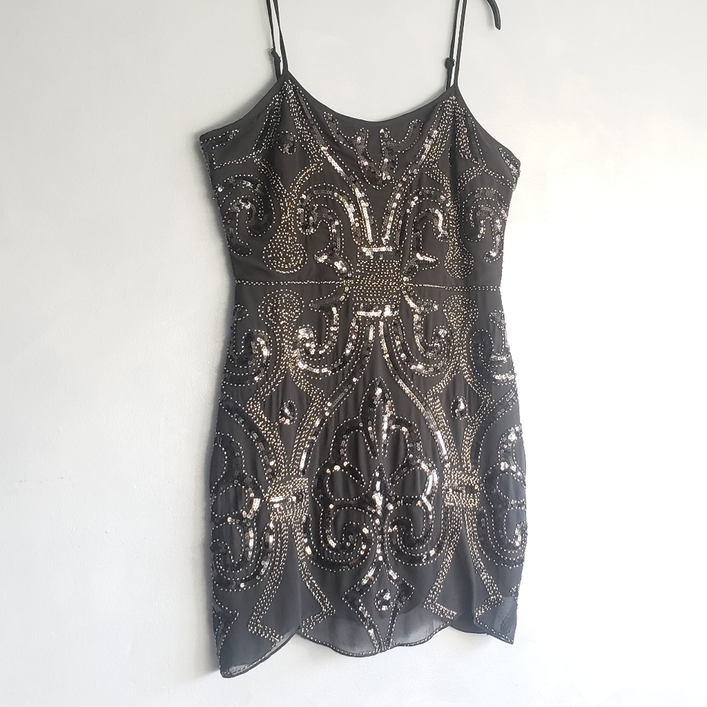 ENDLESS ROSE, GLITTER SILVER, BLACK BEAD & SEQUIN MINI DRESS, SIZE US L